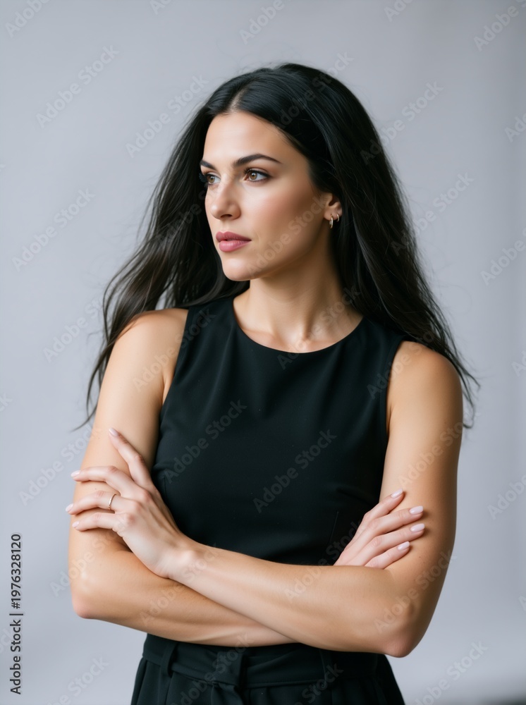 Fototapeta premium Confident young brunette woman with arms crossed looking away. Vertical portrait of a female professional in black sleeveless top on grey background