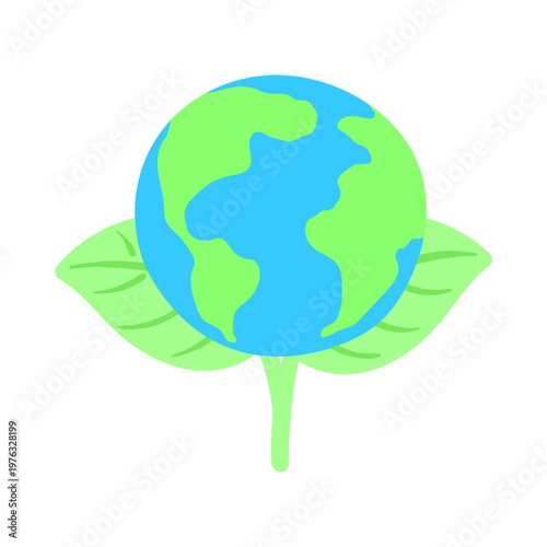 Young sprout, shoot, seedling with planet Earth illustration isolated. Cartoon character. Earth hour, environment day, nature protection awareness. Hand drawn flat vector, design element, clip art