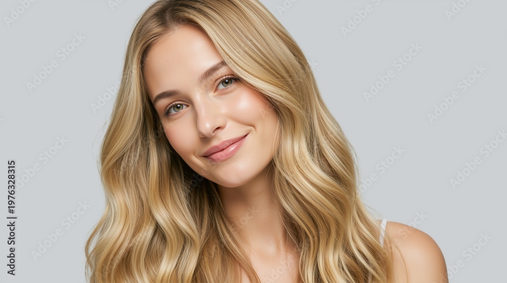 Naklejka premium Close-up portrait of a smiling young woman with natural makeup and long wavy blonde hair. Female model with glowing skin on grey background. Skincare and wellness concept