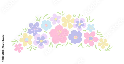 Pastel flowers wreath, flower crown illustration isolated. Girl accessory, decoration, floral ornament, spring blossoms. Kid print, pastel nursery design element. Hand drawn flat vector clip art