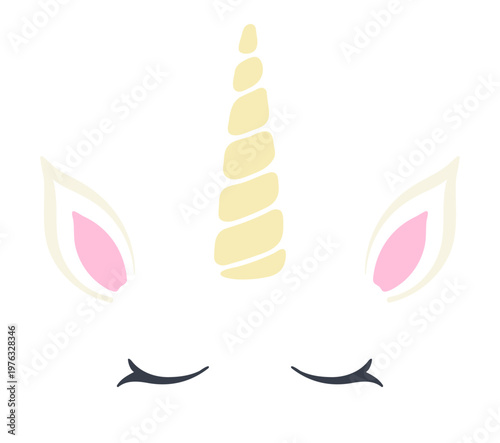 Cute unicorn face with eyes closed illustration isolated. Cartoon character. Fairy tale, legend, mythology, fantastical creature. Kid, girl pastel design, clip art element. Hand drawn flat vector