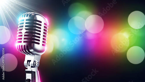 Vintage silver microphone standing on stage with vibrant bokeh lights