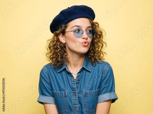 Young woman in blue beret and sunglasses pouting against yellow background. Stylish female with curly hair in denim shirt. Playful fashion portrait