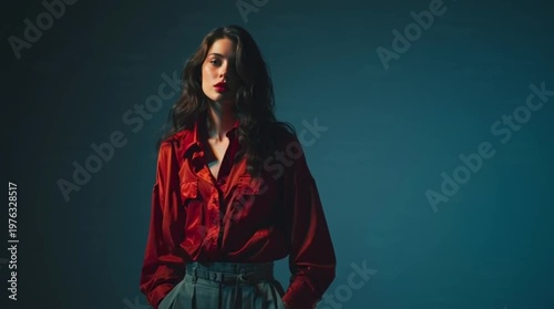 Young woman laughing joyfully in red coat against dark blue background