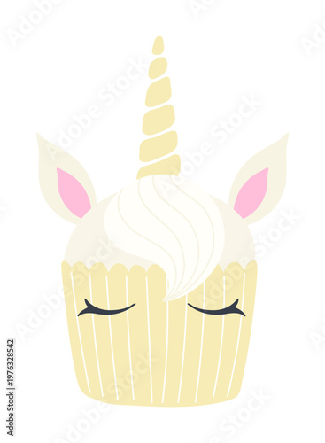 Unicorn cupcake, cute pastel color pastry, cake with frosting illustration isolated. Birthday celebration, sweet food, dessert, kids party clip art, design element. Hand drawn flat vector