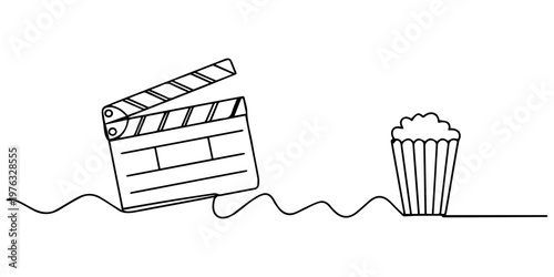 Clapper board and glass of popcorn continuous one line drawing. Movie scene episode production concept, Line art illustration of a clapperboard popcorn and cinema glasses, Editable stroke. style pro.