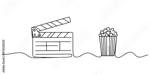 Clapper board and glass of popcorn continuous one line drawing. Movie scene episode production concept, Line art illustration of a clapperboard popcorn and cinema glasses, Editable stroke. style pro.