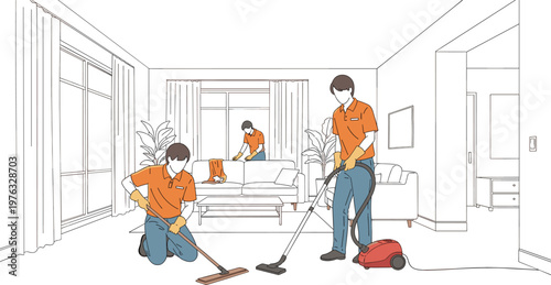 Professional cleaning service team working in modern living room vacuuming and mopping house interior line art vector illustration