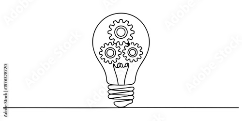 Lightbulb with gear wheels in One single Line drawing for logo, emblem, web banner, presentation. Simple creative innovation concept, Continuous one single line drawing innovation Light bulb and gears