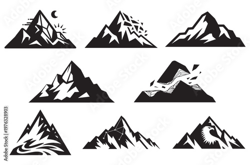Mountain range peak collection with geometric landscape elements including celestial bodies like moon and stars plus stylized animal silhouettes like eagle in outdoor nature shapes
