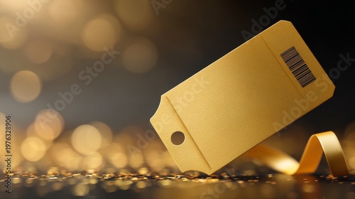 Elegant gold price tag with ribbon on a sparkling golden background.