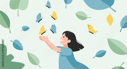 Illustration of a young girl with dark hair reaching her hands up to catch butterflies and leaves in a light blue dress