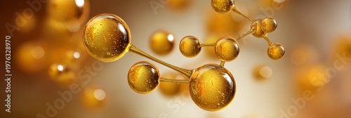 Abstract molecular structure with golden spheres on a blurred background