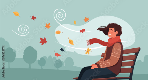Illustration of a woman with dark hair wearing a scarf and sweater sits on a park bench as autumn leaves blow around her