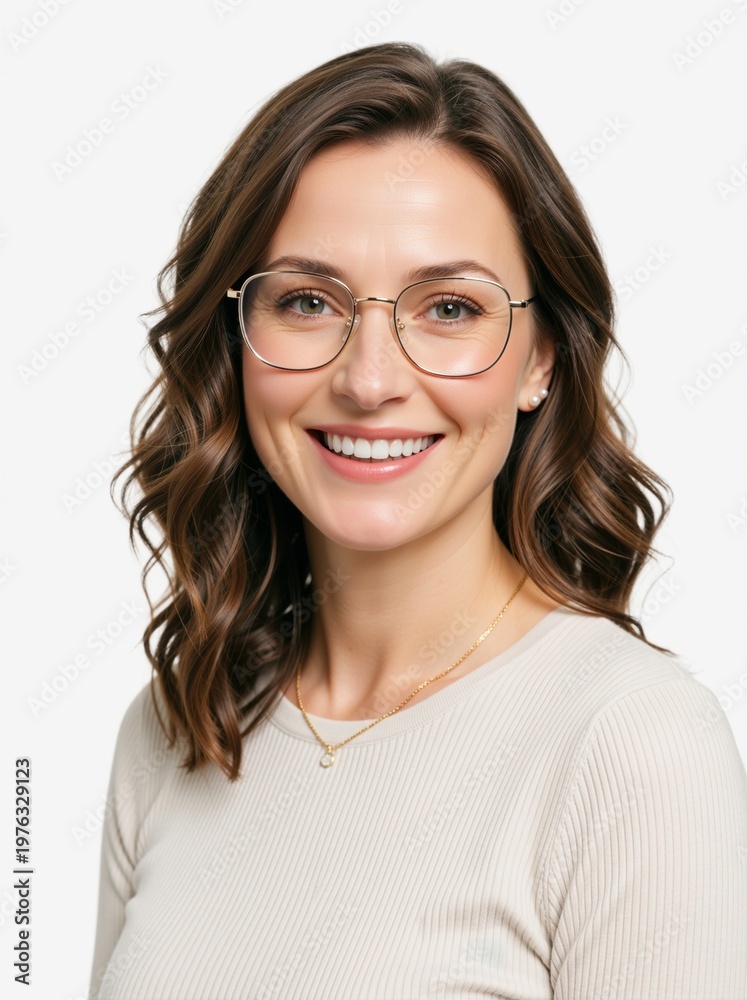 Obraz premium Smiling woman with glasses and wavy brown hair looking at camera. Professional headshot of female model in beige sweater. Eyewear and vision concept