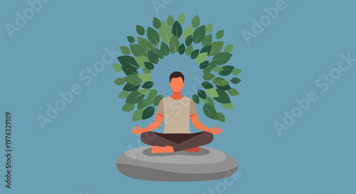 Illustration of man meditating in a lotus position on a rock, surrounded by a circular wreath of green leaves, isolated on blue background
