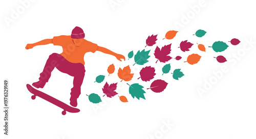 Illustration of skateboarder in midtrick with autumn leaves blowing behind him, isolated on