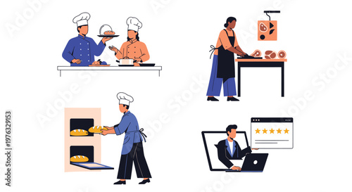 Restaurant, food service, business icons, vector set, 4 elements, flat style