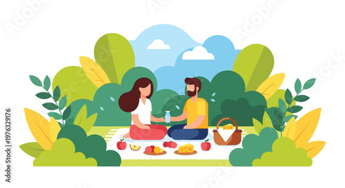 Illustration of couple having a picnic in a park surrounded by lush green foliage and trees