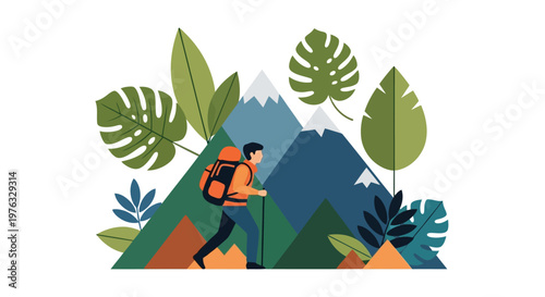 Illustration of man hiking with a backpack and trekking poles in a mountainous landscape with lush green foliage, isolated on