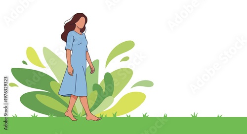 Illustration of woman walking barefoot in a blue dress with green leaves in the background