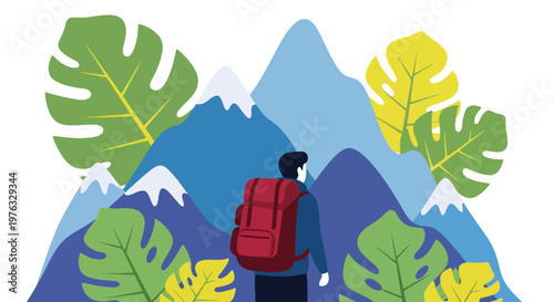 Illustration of hiker with a red backpack looking at mountains and large leaves
