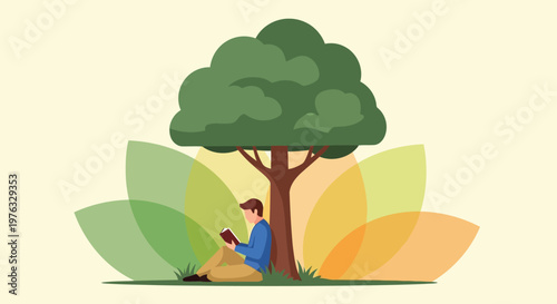 Illustration of man sitting under a large tree, reading a book, with colorful, abstract leaf shapes radiating outwards