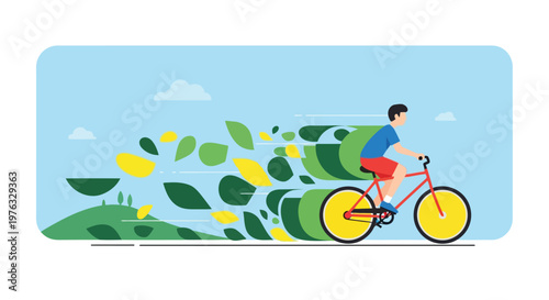 Illustration of man riding a bicycle through a green landscape with leaves blowing in the wind, symbolizing ecofriendly travel and nature