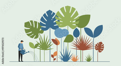 Illustration of gardener watering a variety of lush green plants and tropical leaves, representing growth, nurturing, and botanical interest