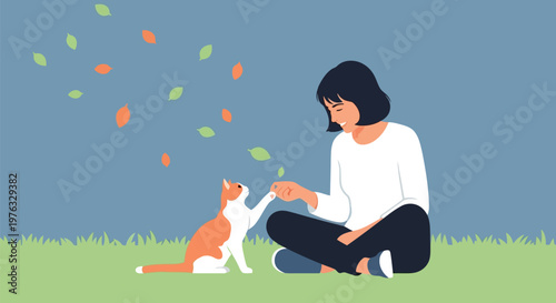 Illustration of a woman sitting on the grass and playing with her cat, with leaves falling around them