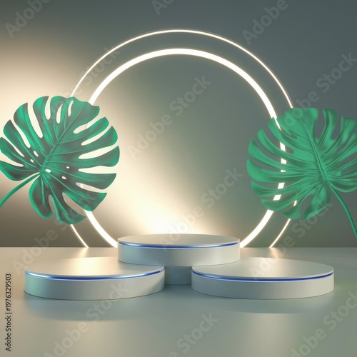 Modern Product Display Pedestals with Tropical Monstera Leaves and Glowing Ring ai generated