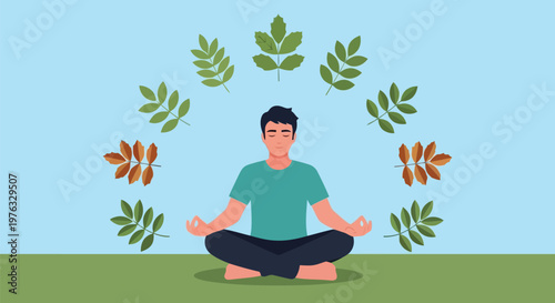 Illustration of man meditating in lotus position surrounded by leaves representing nature and mindfulness