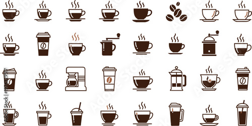 Coffee Icon Collection Vector Set Featuring Espresso Cups Mugs Coffee Beans French Press and Brewing Equipment for Cafe Beverage Design Projects