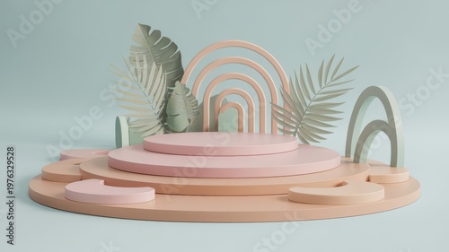 3D Minimalist Pastel Product Display Podium with Arches ai generated