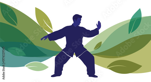 Illustration of man practicing tai chi in a serene natural setting with flowing green leaves and a