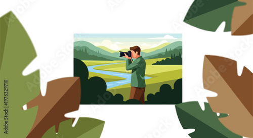 Illustration of a man with a camera in a scenic landscape with mountains, a river, and fields, framing a shot of the natural environment