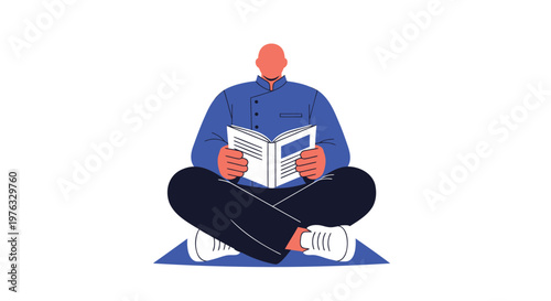 Man reading book, sitting cross-legged, blue shirt, vector illustration, educational concept, leisure activity