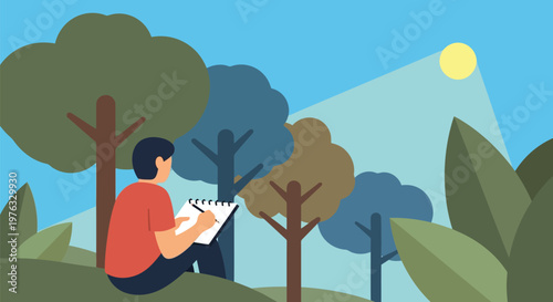 Illustration of person sitting in nature, drawing in a sketchbook with trees and sun in the background, illustration