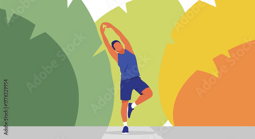 Illustration of man doing a side bend stretch exercise outdoors with abstract colorful background, illustration