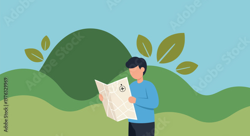 Illustration of a young man holding and reading a map in a natural landscape with rolling green hills and foliage, suggesting travel and exploration