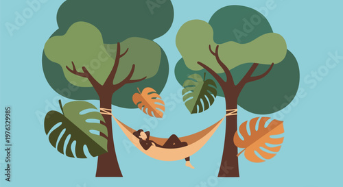 Illustration of person relaxing in a hammock between two trees surrounded by large tropical leaves and a clear blue sky
