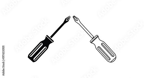 Two screwdrivers facing each other a black and white graphic silhouette