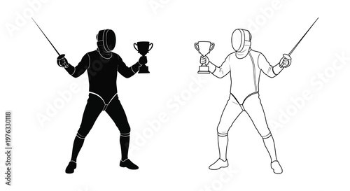 Fencers with swords and trophies a black silhouette and white outline