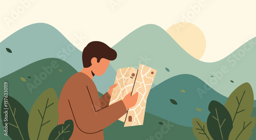 Illustration of man holding and reading a map in a mountainous landscape with sun setting behind hills