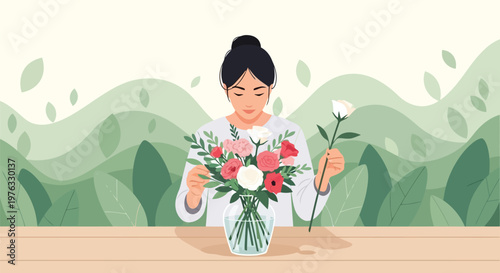 Illustration of a woman arranging a bouquet of flowers in a vase on a wooden table with a soft green leafy background