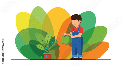 Illustration of a young boy in overalls watering a potted plant with a watering can, surrounded by colorful abstract leaf shapes