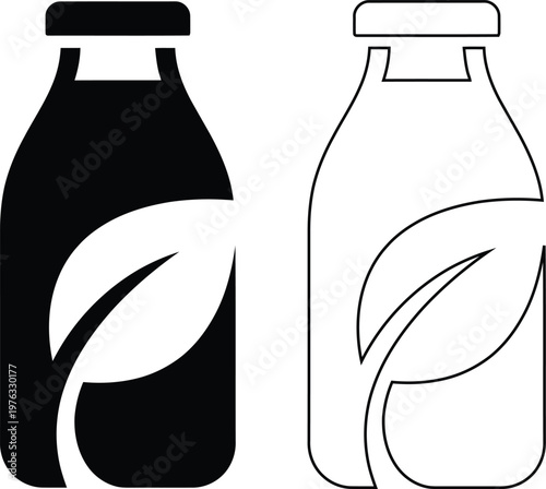 Minimalist flat vector icon set featuring a glass bottle with a nature leaf for organic natural cosmetics or eco drink in clean solid black silhouette and linear outline styles.