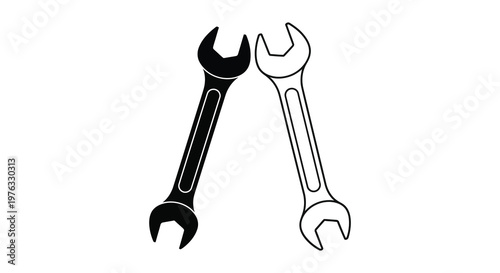 Two wrenches depicted in a black and white outline silhouette