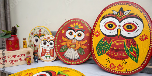 Traditional bengali or indian folk art featuring decorative owls and cultural motifs