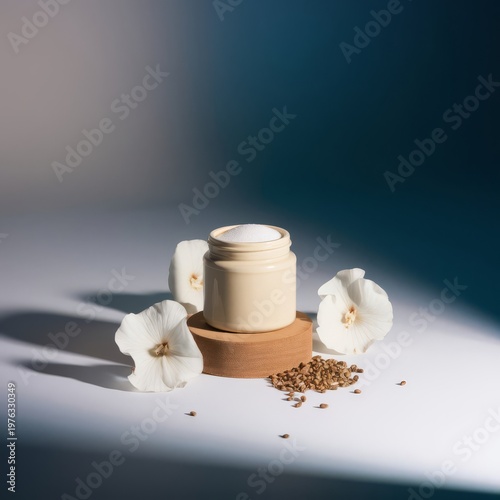 Natural cosmetic cream jar with white flowers on wooden stand